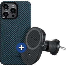 Набор чехол и автодержатель Pitaka MagEZ Case 4 Twill 1500D Black/Blue для iPhone 15 Pro Max (KI1508PM) и Car Mount Pro 2 Car Vent Black (CM2303N)