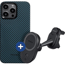 Набір чохол та автотримач Pitaka MagEZ Case 4 Twill 1500D Black/Blue для iPhone 15 Pro Max (KI1508PM) та Car Mount Pro 2 Car Vent Black (Tesla) (CM2302T)