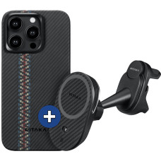 Набір чохол та автотримач Pitaka MagEZ Case 4 Fusion Weaving Rhapsody для iPhone 15 Pro Max (FR1501PM) та Car Mount Pro 2 Car Vent Black (Tesla) (CM2302T)