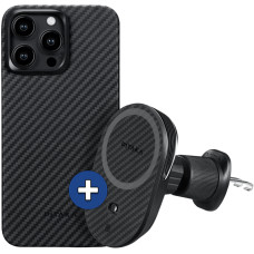 Набор чехол и автодержатель Pitaka MagEZ Case 4 Twill 1500D Black/Grey для iPhone 15 Pro Max (KI1501PM) и Car Mount Pro 2 Car Vent Black (CM2303N)