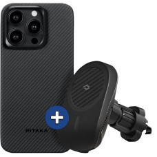 Набір чохол та автотримач Pitaka MagEZ Case 4 Twill 600D Black/Grey для iPhone 15 Pro Max (KI1501PMA) та Car Mount Lite Car Vent Black (CM003)
