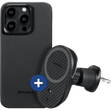 Набор чехол и автодержатель Pitaka MagEZ Case 4 Twill 600D Black/Grey для iPhone 15 Pro Max (KI1501PMA) и Car Mount Pro 2 Car Vent Black (CM2303N)