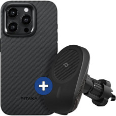 Набір чохол та автотримач Pitaka MagEZ Case Pro 4 Twill 1500D Black/Grey для iPhone 15 Pro Max (KI1501PMP) та Car Mount Lite Car Vent Black (CM003)