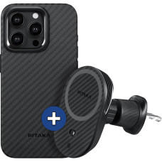 Набор чехол и автодержатель Pitaka MagEZ Case Pro 4 Twill 1500D Black/Grey для iPhone 15 Pro Max (KI1501PMP) и Car Mount Pro 2 Car Vent Black (CM2303N)
