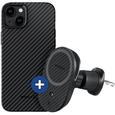 Набір чохол та автотримач Pitaka MagEZ Case 4 Twill 1500D Black/Grey для iPhone 15 Plus (KI1501M) та Car Mount Pro 2 Car Vent Black (CM2303N)