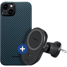 Набір чохол та автотримач Pitaka MagEZ Case 4 Twill 1500D Black/Blue для iPhone 15 (KI1508) та Car Mount Pro 2 Car Vent Black (CM2303N)