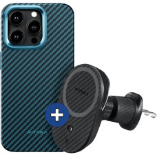Набір чохол та автотримач Pitaka MagEZ Case Pro 4 Twill 1500D Black/Blue для iPhone 15 Pro Max (KI1508PMPA) та Car Mount Pro 2 Car Vent Black (CM2303N)