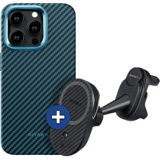 Набір чохол та автотримач Pitaka MagEZ Case Pro 4 Twill 1500D Black/Blue для iPhone 15 Pro Max (KI1508PMPA) та Car Mount Pro 2 Car Vent Black (Tesla) (CM2302T)