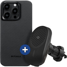 Набір чохол та автотримач Pitaka MagEZ Case Pro 4 Twill 600D Black/Grey для iPhone 15 Pro Max (KI1501PMPA) та Car Mount Lite Car Vent Black (CM003)