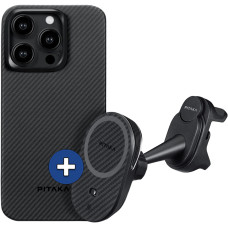 Набір чохол та автотримач Pitaka MagEZ Case Pro 4 Twill 600D Black/Grey для iPhone 15 Pro Max (KI1501PMPA) та Car Mount Pro 2 Car Vent Black (Tesla) (CM2302T)