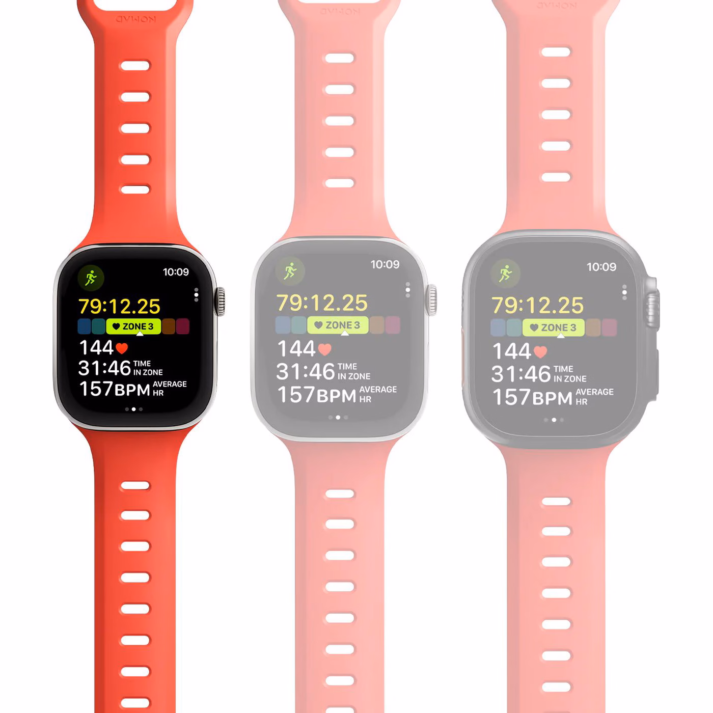 Демонстрация идеальной посадки ремешка Nomad Tempo Crush на Apple Watch и отображение спортивных показателей на экране.