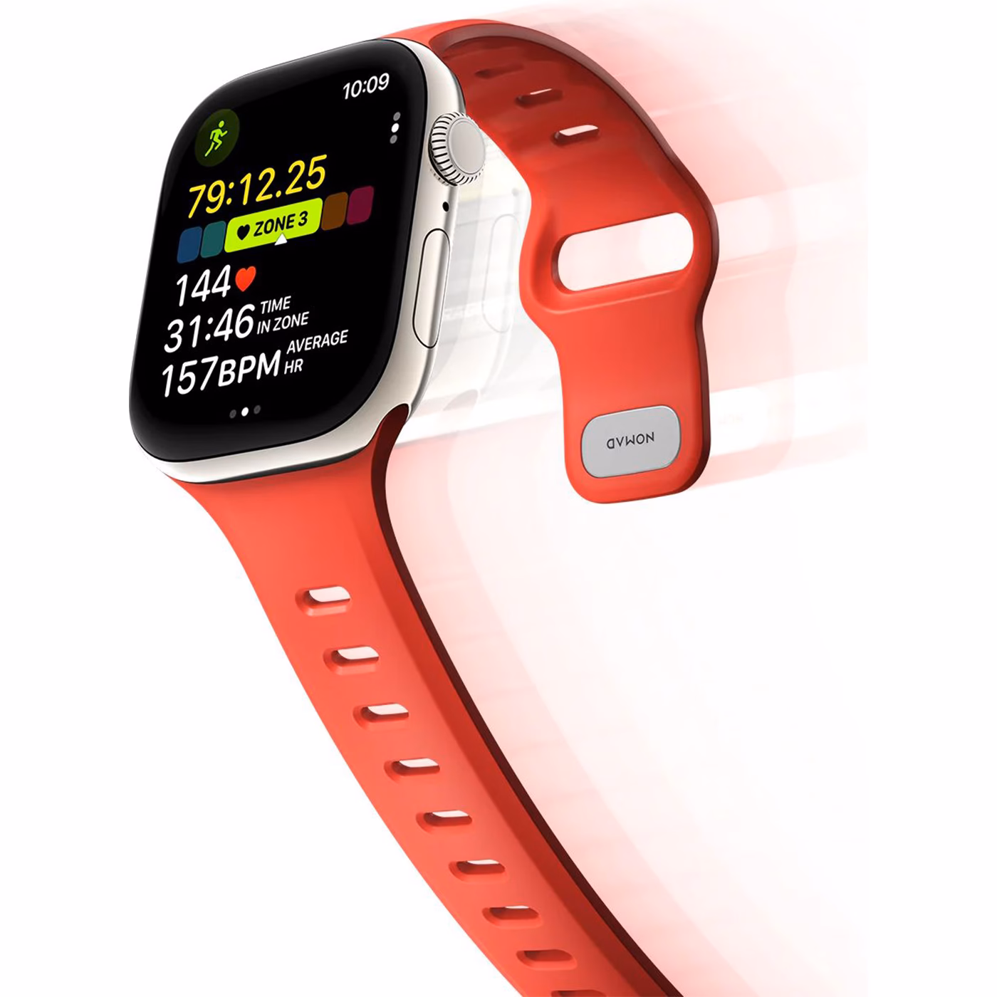 Эластичный ремешок Nomad Tempo Crush для Apple Watch: эргономичная форма и вентиляционные отверстия для комфорта во время бега.