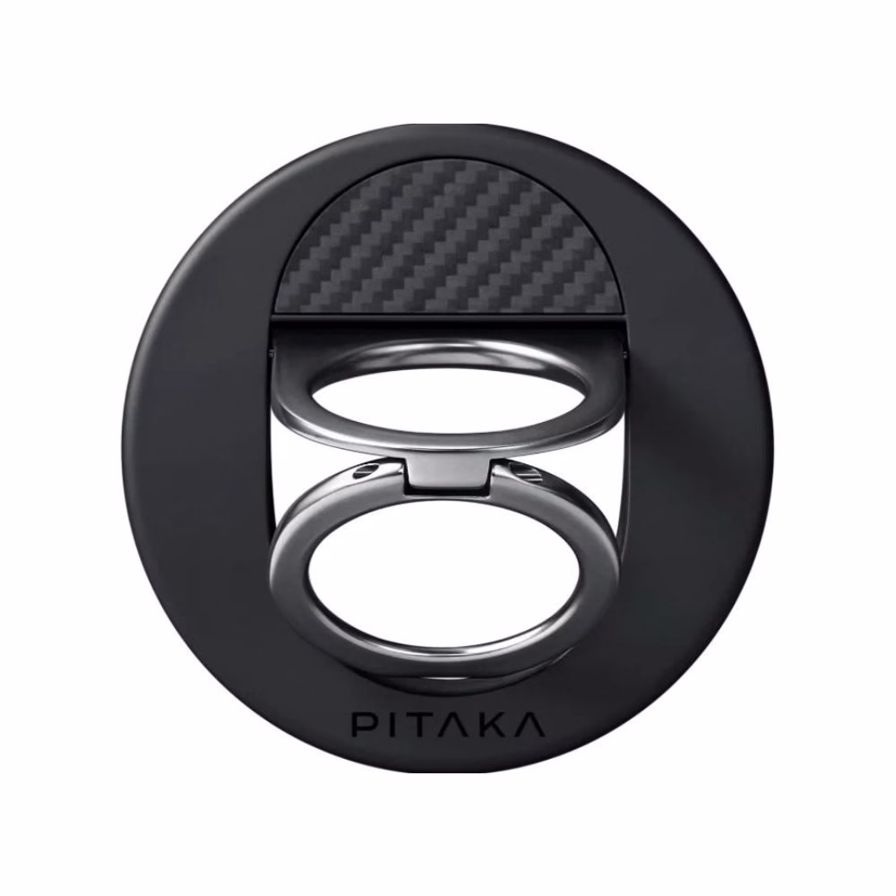Магнитный держатель-кольцо Pitaka Sunset MagSafe с фирменной арамидной вставкой и металлической подставкой на белом фоне