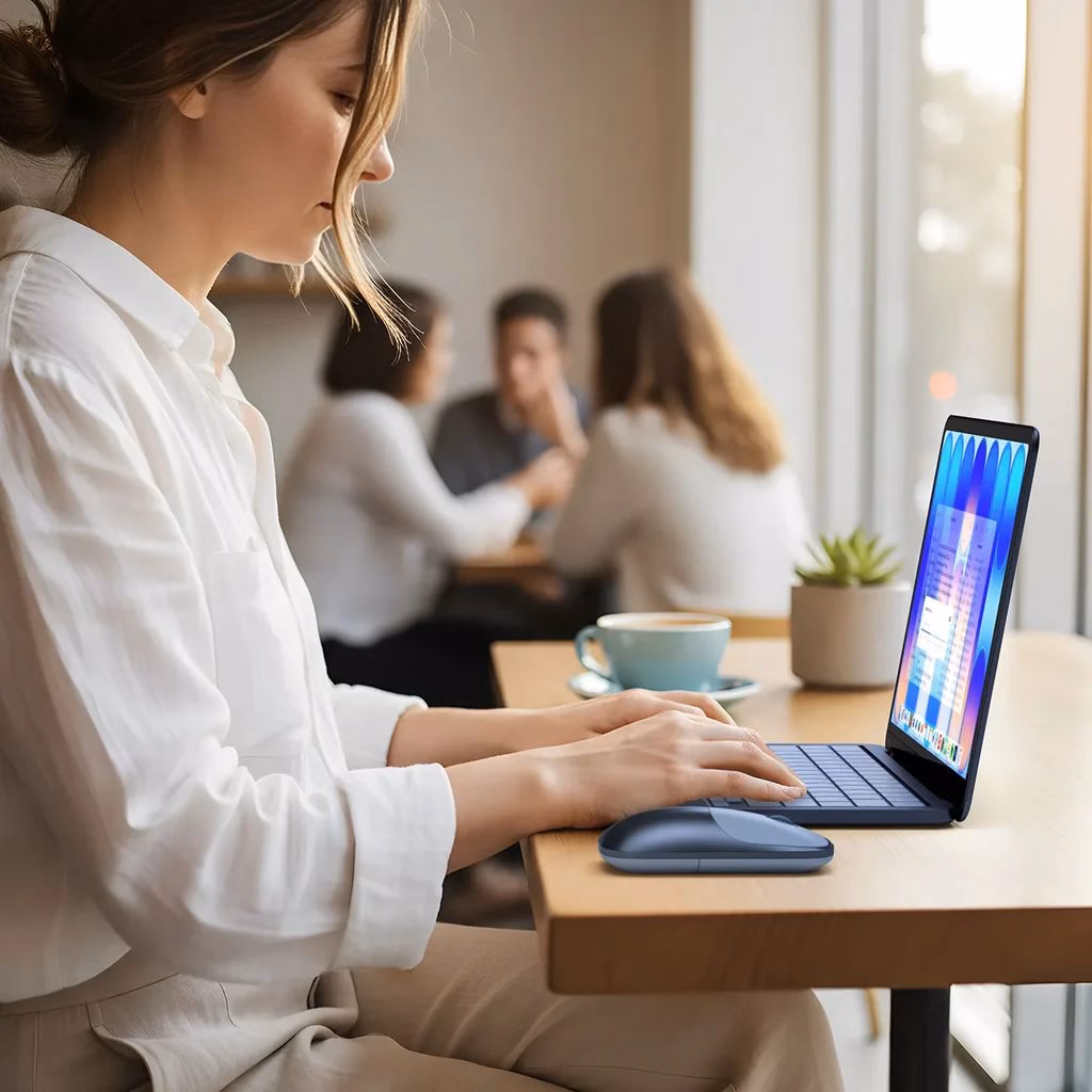 Дівчина працює за ноутбуком за допомогою миші Satechi Slim EX Indigo
