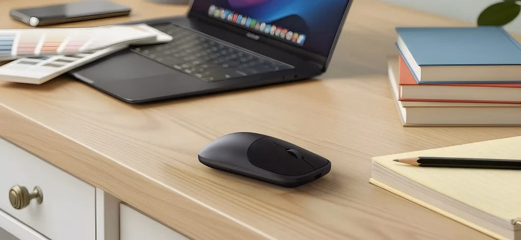 Бездротова миша Satechi Slim EX Space Black поруч із ноутбуком