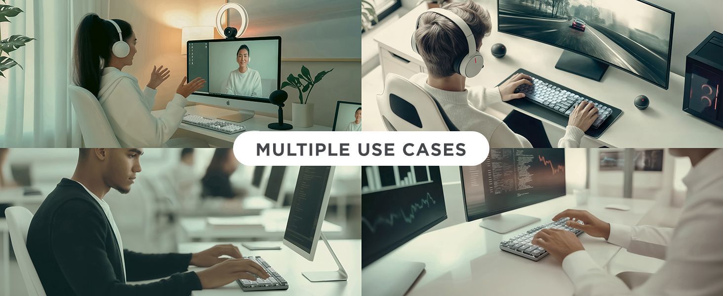 Колаж із прикладами використання клавіатури Satechi SM3 Slim для ігор, програмування, відеодзвінків та офісної роботи.