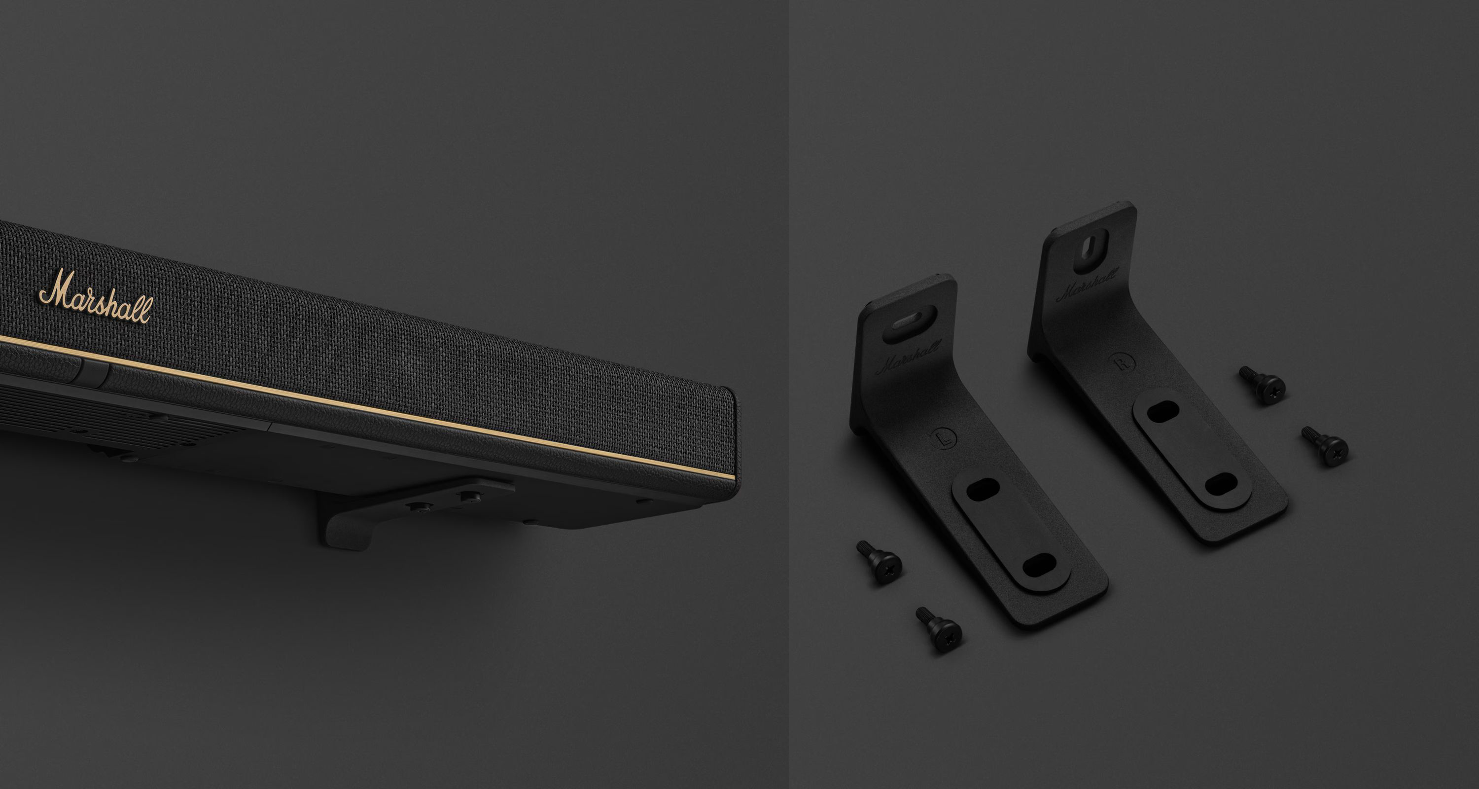 Комплект настінних кріплень для саундбара Marshall Heston: металеві кронштейни з гвинтами та приклад їхнього встановлення на корпус