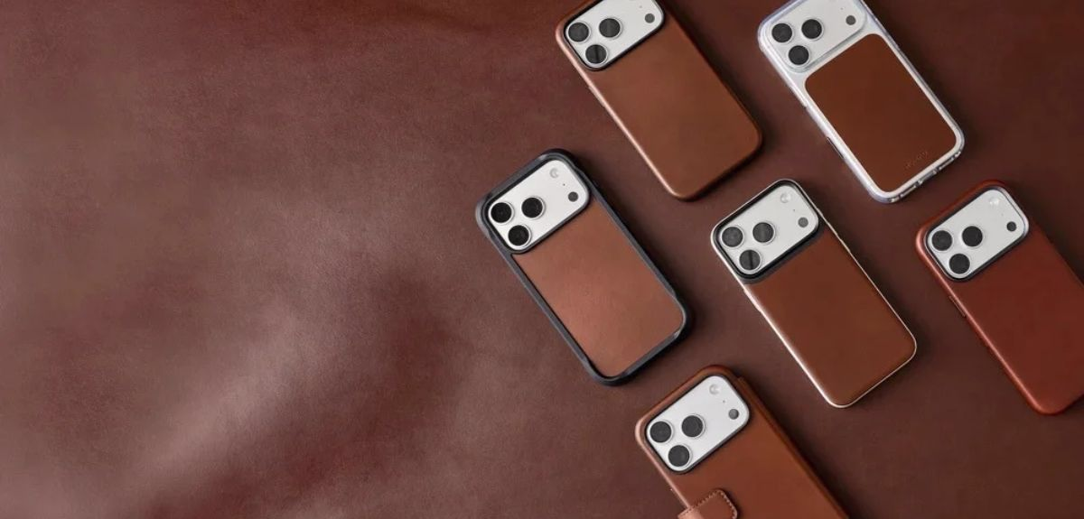 Кожаные чехлы Nomad для iPhone 18 Pro на фоне натуральной кожи