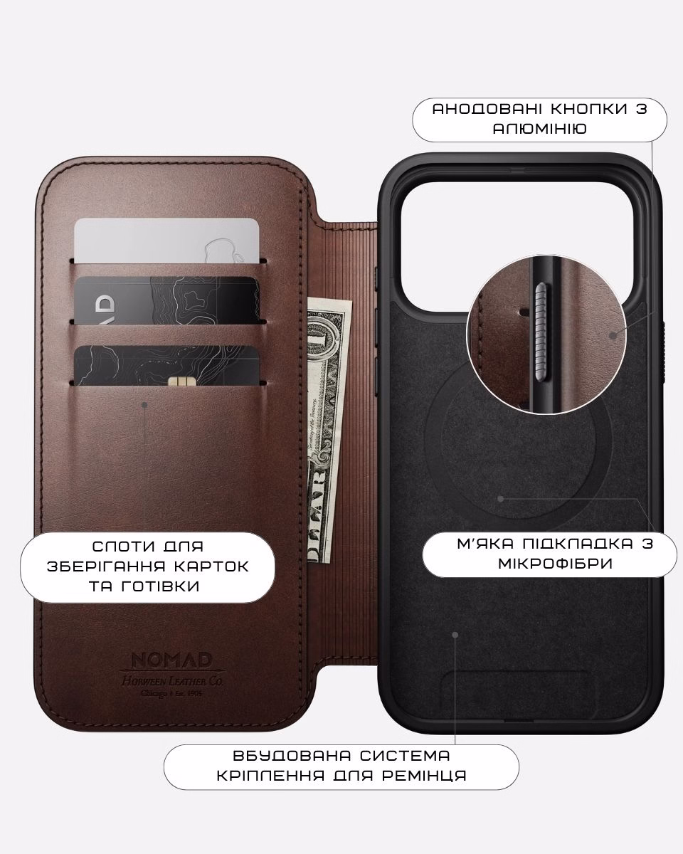 Шкіряний чохол-книжка Nomad Modern Folio Horween Rustic Brown для iPhone 17 Pro Max Шкіряний чохол-книжка Nomad Modern Folio Horween Rustic Brown для iPhone 17 Pro Max - 1 - 6